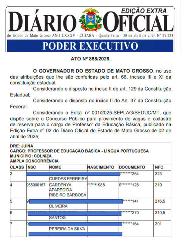 Convocação de Gardenya Jatobá no Diário Oficial